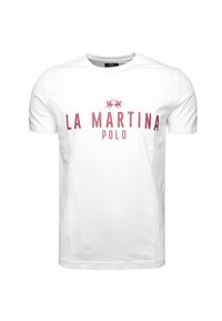 Valkoinen puuvillapaita, jossa on punainen "LA MARTINA POLO" -logo ja kaksi ristiin olevia polo-mailoja tekstin alla. Yksinkertainen pyöreä kaula-aukko.