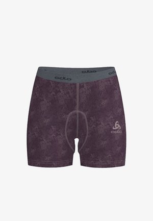 Lila gemusterte Boxershorts mit grauem Bund, der schwarze "odlo"-Logos und aufgenähte Details in der vorderen Mitte und an den Seiten aufweist.