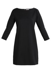 Robe noire à manches longues avec un col bateau, en tissu lisse, dotée d'une fermeture éclair au dos et d'une coupe droite et ample.