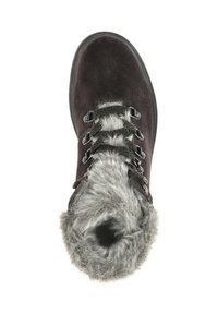 Ciemnoszare zamszowe botki za kostkę z futrzanym kołnierzem, metalowymi oczkami i sznurowadłami, z okrągłym noskiem i teksturowaną powierzchnią.