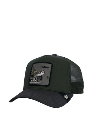 Dunkelgrüne und schwarze Trucker-Cap aus Mesh mit einem Schlangenaufnäher und dem Wort "OUTLAW" auf der Vorderseite.