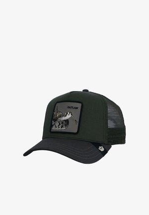 Dunkelgrüne und schwarze Trucker-Cap aus Mesh mit einem Schlangenaufnäher und dem Wort "OUTLAW" auf der Vorderseite.