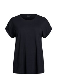 Svart t-shirt i mjukt tyg, med rund halsringning och uppvikta korta ärmar, med en lös passform och inga synliga mönster eller detaljer.