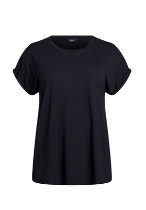 Black t-shirt made of soft fabric, featuring a round neckline and rolled short sleeves, with a loose fit and no visible patterns or accents.