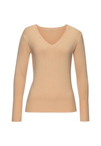 Beige V-Ausschnitt Langarmpullover aus weichem Strickstoff, mit schmaler Passform und gerippten Saumdetails.