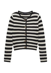 Black and white striped cardigan made of textured fabric, featuring a round neckline and seven gold buttons down the front.
