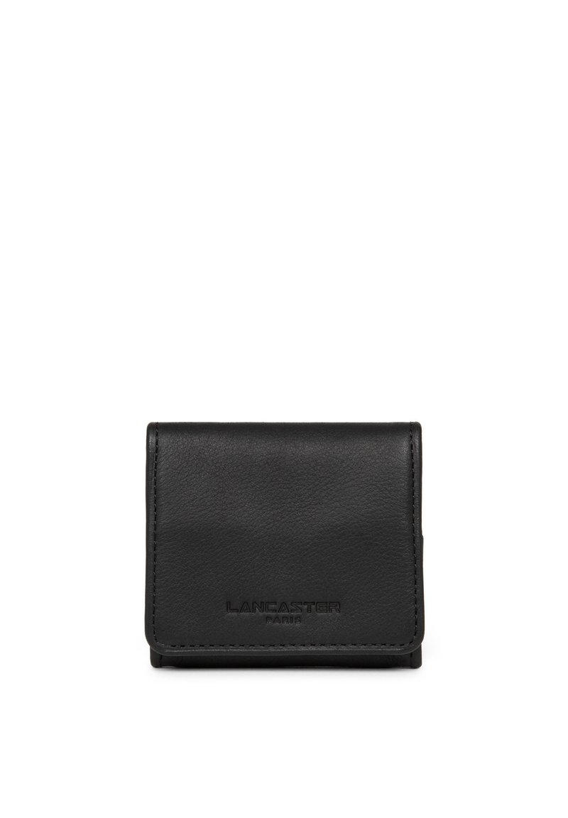 Black leather wallet with a textured finish, featuring a folded design and embossed branding on the front. Compact and minimalistic shape.
