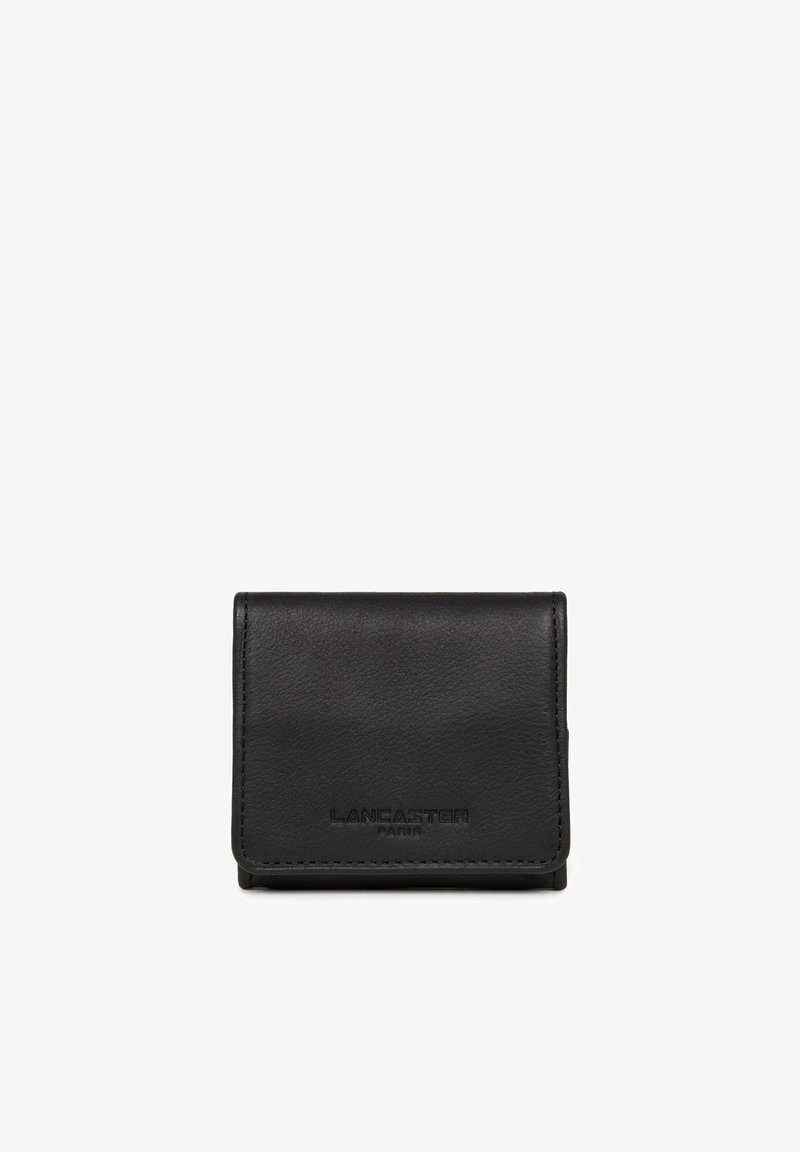 Black leather wallet with a textured finish, featuring a folded design and embossed branding on the front. Compact and minimalistic shape.