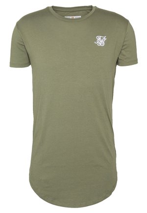 Heren T-shirt met korte mouwen in olijfgroen, ronde hals, met klein wit geborduurd logo op de linkerborst.