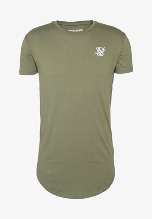T-shirt homme manches courtes vert olive à col rond avec petit logo blanc brodé sur le côté gauche de la poitrine.