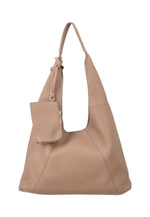 Beige læder skuldertaske med en enkelt rem og fastgjort lille lynlåslomme, der viser synlige syninger og tekstureret overflade.