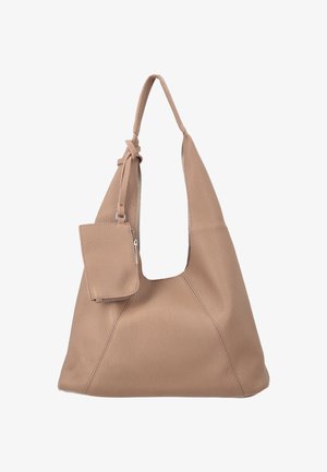 Bézs bőr válltáska egyetlen pánttal és hozzákapcsolt kis cipzáras zsebbel, látható varrásokkal és texturált felülettel.