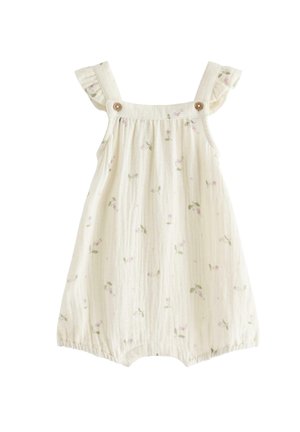 Babyheldragt i cremefarve med sarte lyserøde og grønne blomsterprint, flæsebeklædte skulderstropper og detaljer med træknapper.