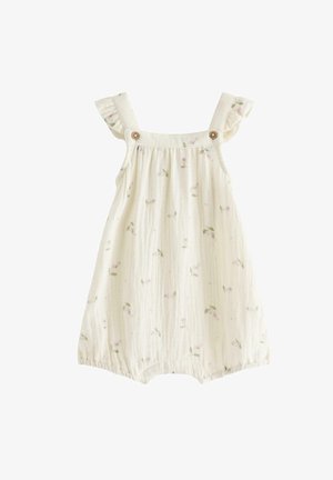 Babyheldragt i cremefarve med sarte lyserøde og grønne blomsterprint, flæsebeklædte skulderstropper og detaljer med træknapper.