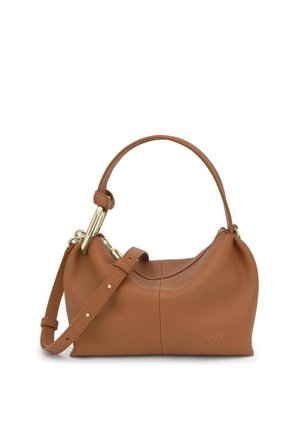 Borsa a mano in pelle marrone con manico corto e tracolla regolabile, caratterizzata da accessori dorati e un discreto marchio "TOUS".