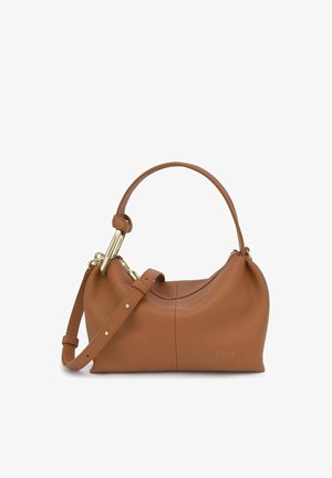 Borsa a mano in pelle marrone con manico corto e tracolla regolabile, caratterizzata da accessori dorati e un discreto marchio "TOUS".