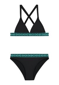 Sort bikini-sæt med en trekantet top med krydsede stropper og en bund med en matchende kant i turkis, hvor teksten "Coral Coast" er skrevet.