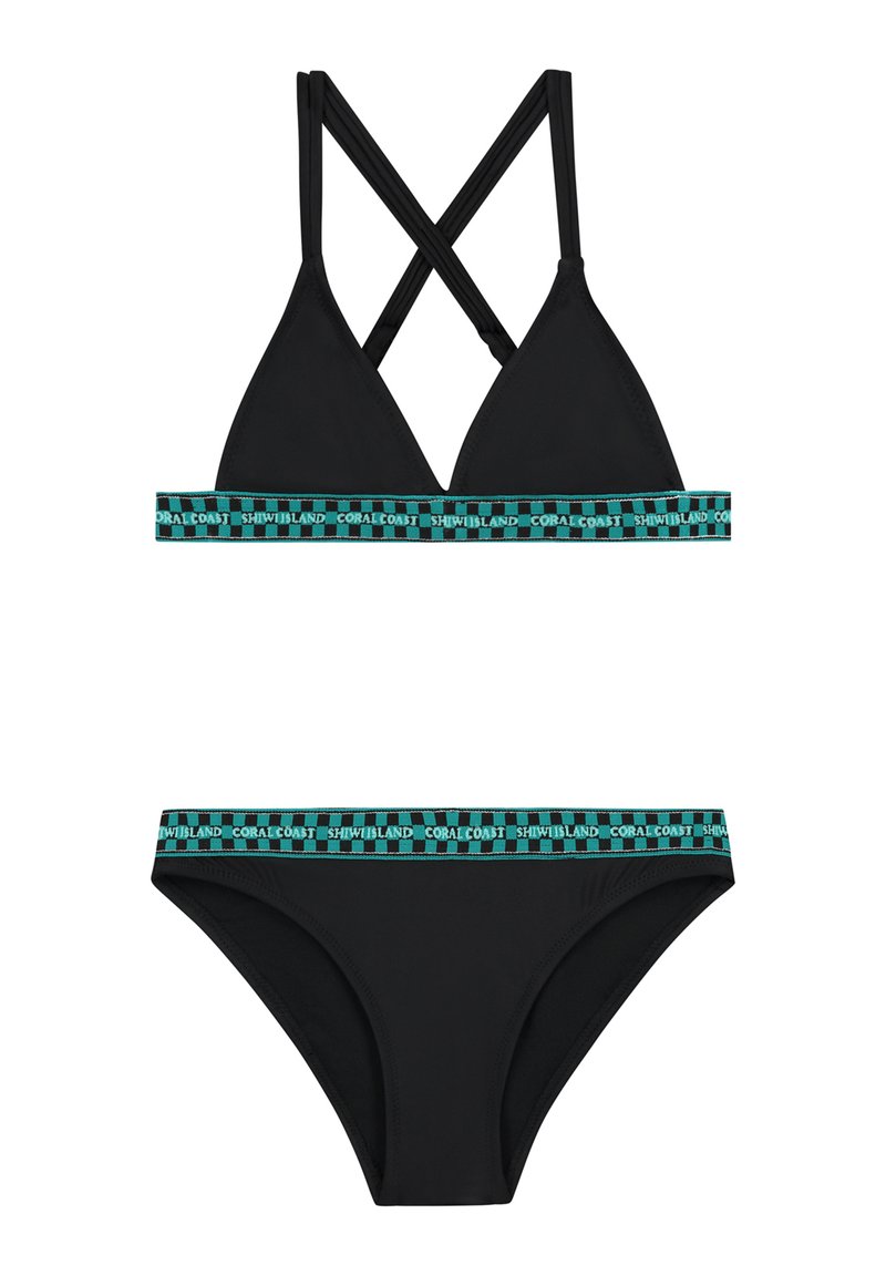 Sort bikini-sæt med en trekantet top med krydsede stropper og en bund med en matchende kant i turkis, hvor teksten "Coral Coast" er skrevet.