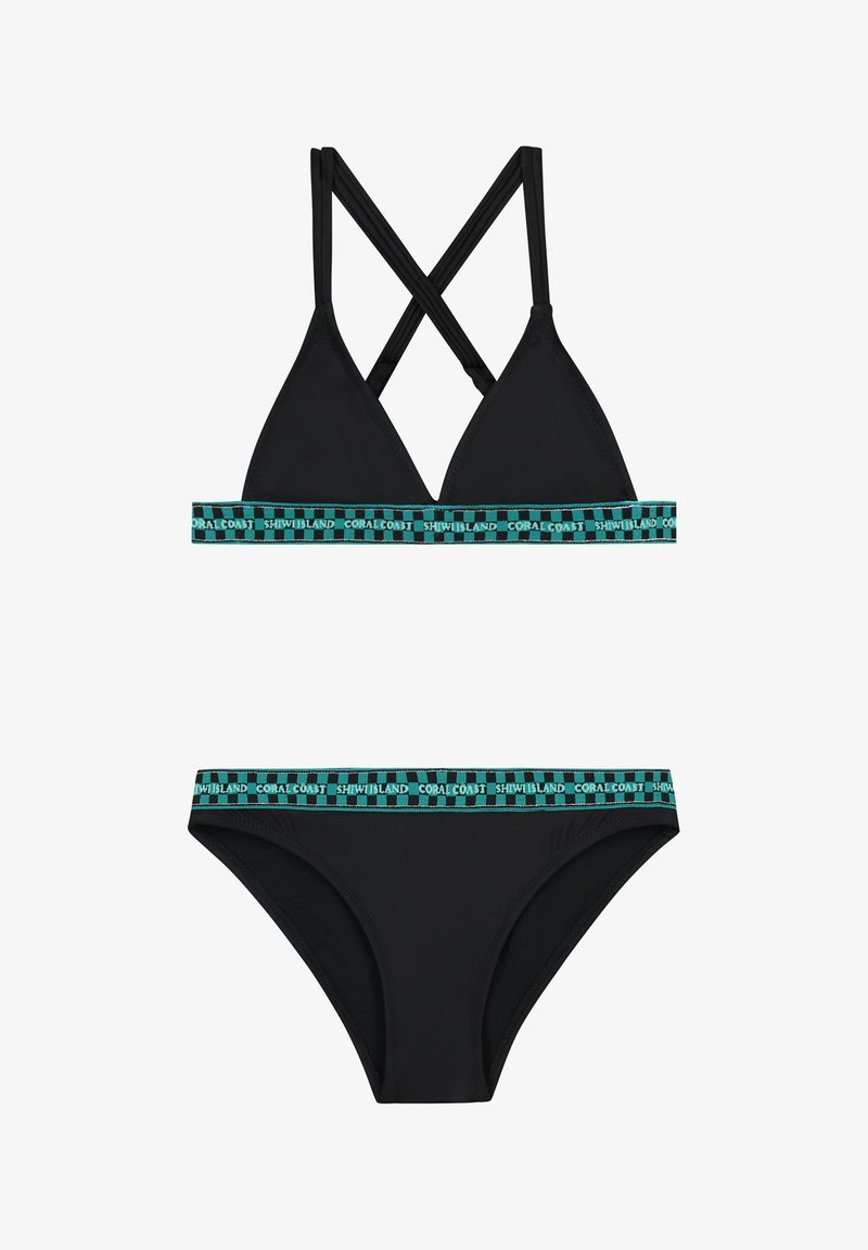 Black bikini set featuring a triangular top with crossed straps, and a bottom with a matching band accented in turquoise with "Coral Coast" text.