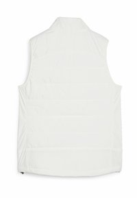 White puffer vest featuring a stand-up collar, horizontal stitching for insulation, and a smooth texture. No visible hardware or accents.