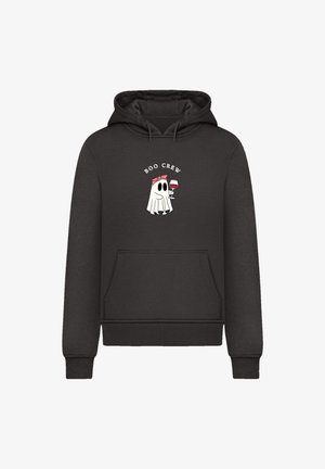 Schwarzer Hoodie mit einer Fronttasche, versehen mit einem Ghost-Grafik, der ein Weinglas hält, und dem Text "BOO CREW" darüber. Weicher, strukturierter Stoff.