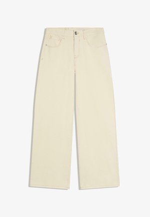 Beige wide-leg pants with front button, zipper, belt loops, and five-pocket style stitching.