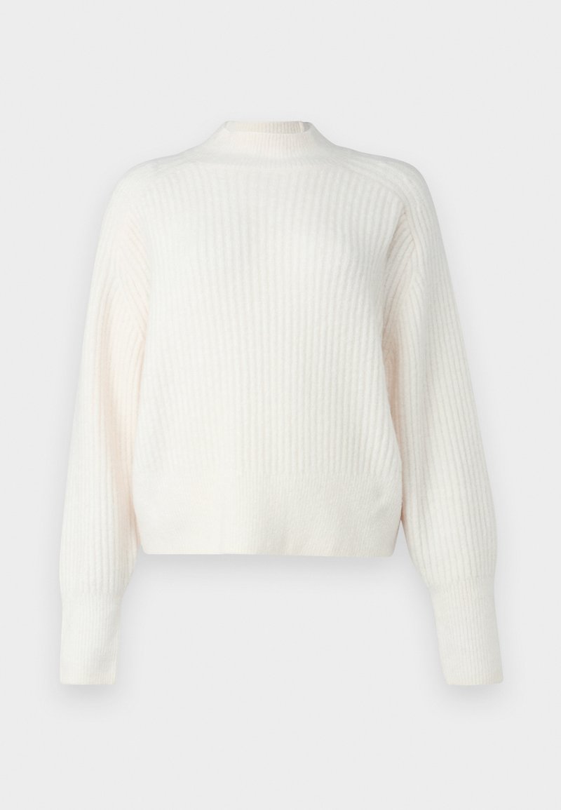 Maglione a coste di colore crema chiaro con maniche lunghe e collo alto. Texture morbida con una vestibilità comoda, caratterizzato da sottili linee verticali.