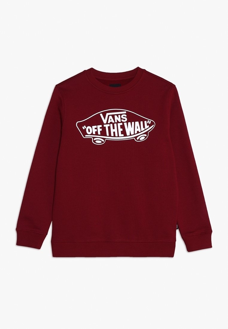 Sweatshirt bordeaux avec un graphique blanc "Vans 'Off the Wall'", col rond, manches longues, et finitions côtelées au niveau des poignets et de l'ourlet.