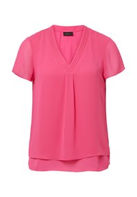 Rosa Bluse mit V-Ausschnitt, kurzen Ärmeln und gefalteten Details am Ausschnitt. Hergestellt aus leichtem, glattem Stoff mit einem geschichteten Design.