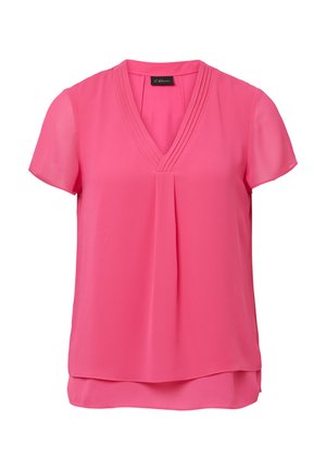 Rosa Bluse mit V-Ausschnitt, kurzen Ärmeln und gefalteten Details am Ausschnitt. Hergestellt aus leichtem, glattem Stoff mit einem geschichteten Design.