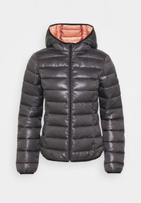 Black puffer jacket with a hood, shiny finish, horizontal quilted design, and contrasting light pink interior lining. Zippered front closure.