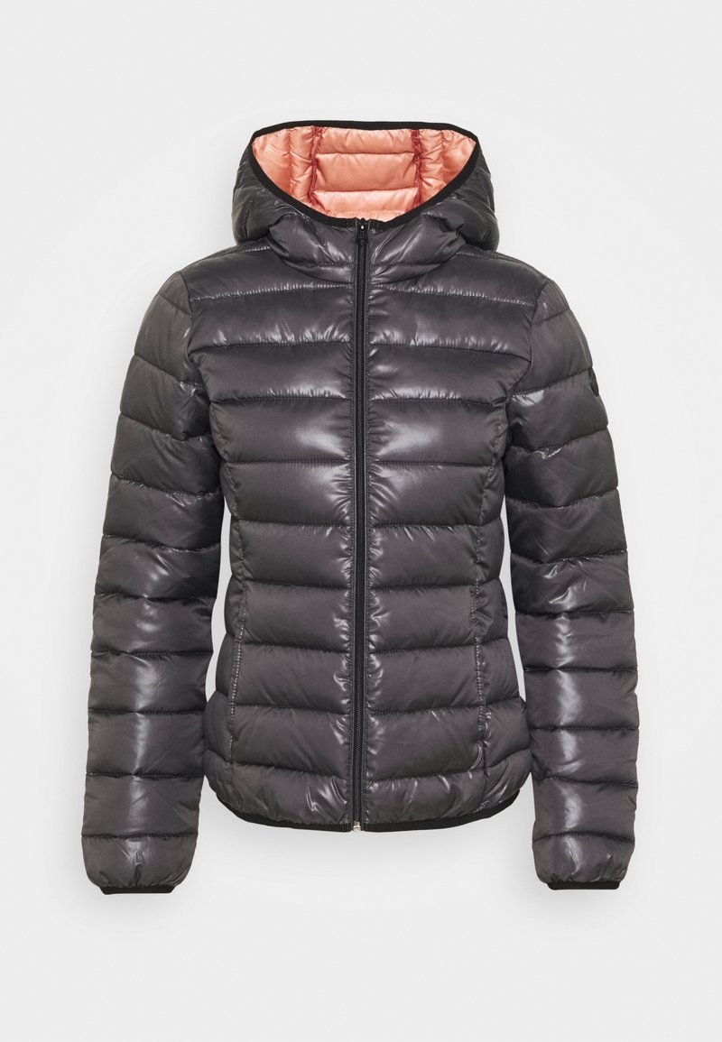 Black puffer jacket with a hood, shiny finish, horizontal quilted design, and contrasting light pink interior lining. Zippered front closure.
