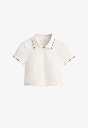 Witte cropped polo met korte mouwen, textuurstof, zwarte kraag en zoomdetails, met een ritssluiting aan de voorkant.
