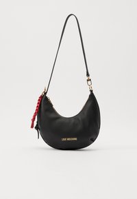 Black leather handbag with a curved silhouette, gold hardware, and a braided red accent on the zipper. Features logo on the front.