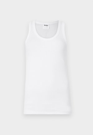 Witte katoenen tanktop met een klassieke ronde halslijn, geribbelde textuur en versterkte armsgaten. Etiket toont "DAY."