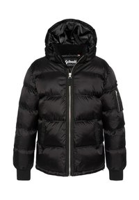 Sort puffergi med hætte, quiltet design, lynlås lukning og ribbede manchetter. Har en lynlåslomme på ærmet.