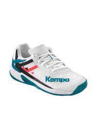 Scarpa atletica bianca con tomaia in rete testurizzata, dettagli in teal, elementi di design neri e rossi, e suola in gomma. Presenta lacci e logo.
