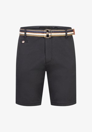 Sorte bomulds shorts med lige snit, der har et stribet stofbælte i blå, brune og cremefarver samt en knapdetalje i taljen.