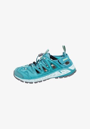 Teal hiking shoe with mesh and suede upper, adjustable bungee laces, open ventilation design, and rugged rubber outsole for traction.