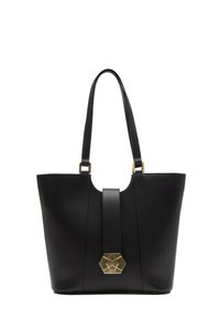 Czarna skórzana torba tote o gładkiej fakturze, szerokim otwarciu, złotych akcentach i charakterystycznym sześciokątnym elemencie na przednim pasku.