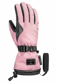 Rosa wasserdichte Handschuhe mit schwarzen Lederakzenten, strukturiertem Äußeren, verstellbarem Riemen mit Schnalle und einer Ziehlasche für einen sicheren Sitz.