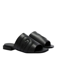 Black leather slide sandals with an open toe, featuring horizontal stitching and a logo design. Square, low block heel for stability.