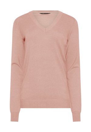Maglione a maniche lunghe color rosa chiaro con scollo a V, polsini e orlo a coste, mostrato su sfondo bianco.