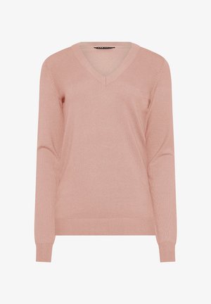 Pull rose clair à manches longues avec col en V, poignets et ourlet côtelés, présenté sur un fond blanc.