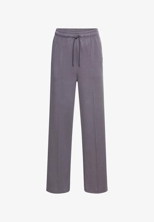 Graue weit geschnittene Hose mit elastischem Taillenbund und Kordelzug, aus weichem Stoff, mit klaren Linien und ohne sichtbare Muster.