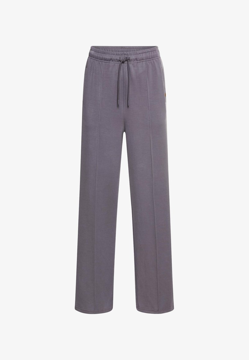 Grijze wijdlopende broek met een elastische tailleband en trekkoord, gemaakt van zachte stof, met strakke lijnen en zonder zichtbare patronen.