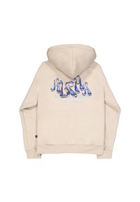 Beige hoodie met een grote, glanzende blauwe en zilveren grafische druk met de tekst "ALPHA" en "STAND EDITION" op de achterkant. Zachte textuur, standaard pasvorm.