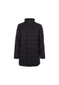 Cappotto puffer nero con colletto alto, dotato di chiusura frontale con zip e due tasche laterali. Tessuto liscio con texture trapuntata.