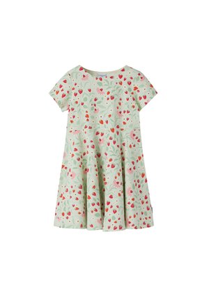 Lyhythihainen vaaleanvihreä mekko kellohameella, koristeltu punaisilla mansikoilla, vihreillä lehdillä ja vaaleanpunaisilla kukilla.