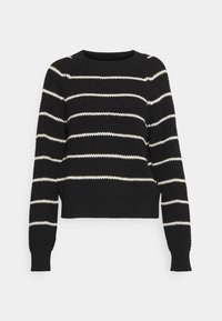 Czarny sweter z dzianiny w poziome białe paski, z okrągłym dekoltem i ściągaczami. Design zapewnia teksturowany wygląd.